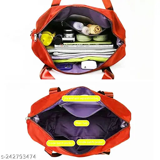 Red foldable hand bag with large capacity for travel and yoga, lightweight waterproof fabric material. Perfect for gym and sports. Solid pattern, one compartment with two pockets and an inside patch pocket. Easy to carry by hand, shoulder or attach to luggage with the fixed belt design on the back. Made in India