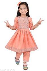 Embroidered rayon kurta and pant set for girls, Indian traditional clothing with three-quarter sleeves
