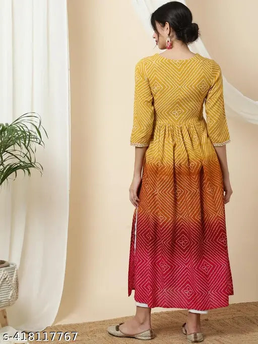 Mustard viscose rayon Anarkali Kurta with ethnic motifs, flared style and three-quarter sleeves