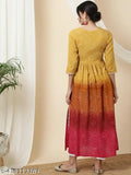 Mustard viscose rayon Anarkali Kurta with ethnic motifs, flared style and three-quarter sleeves