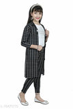 Women's cotton blend three-quarter sleeve checked dress set with jacket and palazzo pants, Indian origin fashion on mannequin
