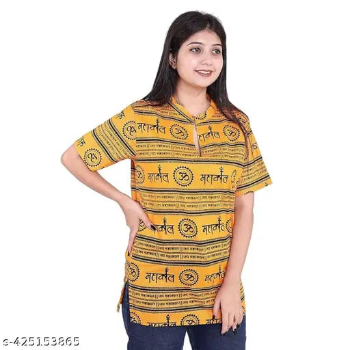 Fancy yellow Mahakaal printed cotton T-shirt, short sleeves for men & women (XL: 31in, XXL: 32in), Indian art design