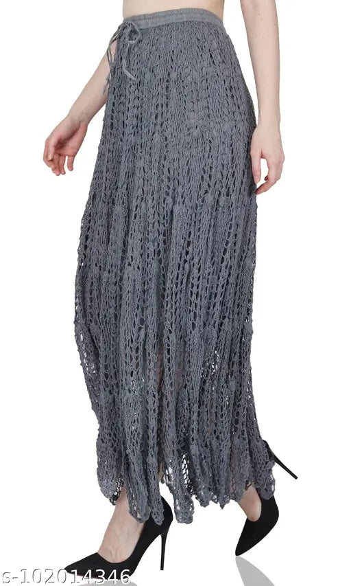 Grey acrylic solid knit long skirt for women, sizes vary from XS to XXXL, 26 with waist 12in and length 32in, 28 & 30 with waist 12in and length 32in, 32 & 34 with waist 13in and length 33in, 36 & 38 with waist 15in and length 34in. Made in India