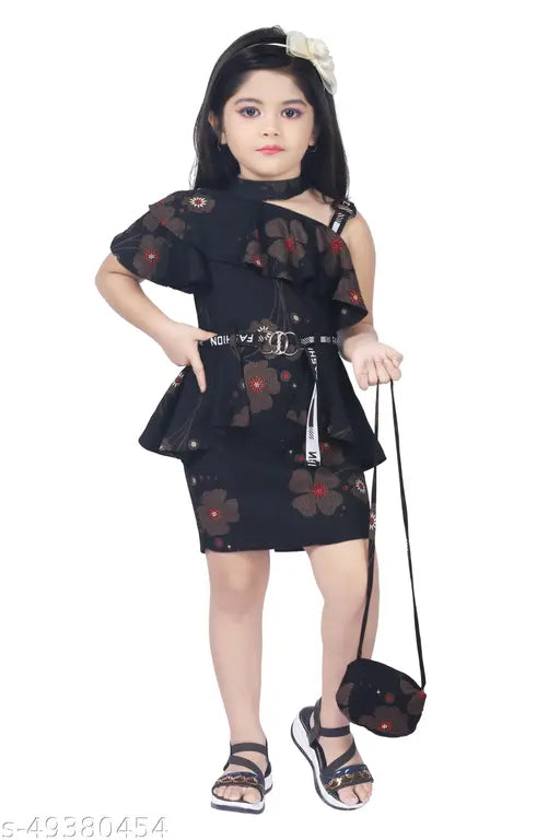 Printed rayon frock dress for kids aged 2-3 years (bust size: 20in, length size: 20in), complete with handbag. Indian cotton-based outfit