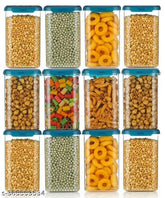 Blue plastic dry fruit jar set, unbreakable airtight square shape, kitchen storage container for 1100ml, pack of 12 (dimensions: 10cm x 10.5cm x 10cm)
