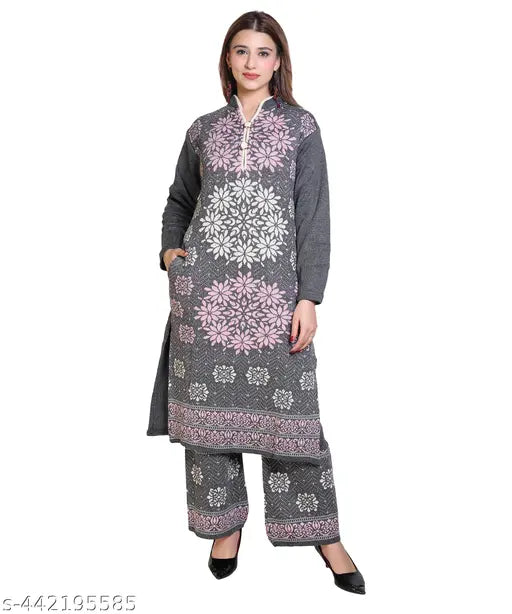 Wool Plazzo Suit: Three-Quarter Sleeve Kurta with Printed Net Palazzos, warm winter outfit from India" (105 characters)