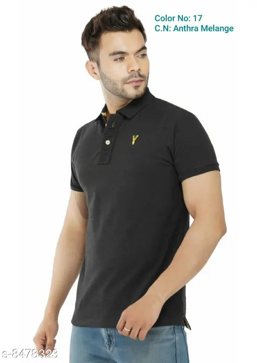 Black polycotton men's polo neck T-shirt with collared design, solid black color on display