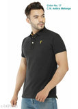 Black polycotton men's polo neck T-shirt with collared design, solid black color on display
