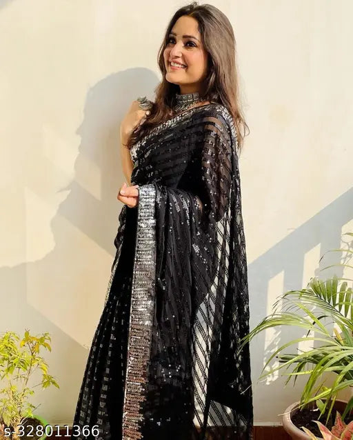 Designer sequin saree and embroidered blouse on mannequin, Georgette saree with Art Silk blouse, single size Indian ethnic wear