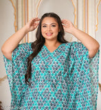 Aqua blue floral round cotton nightsuits set of 2, stylish and comfortable women's sleepwear with geometric print, made in India