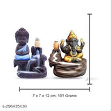 Blue & gold PMR PolyResin Ganesha Combo Incense Holder, decorative showpiece with 50 back flow incense cones