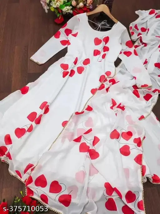 Trending printed Georgette gown with long sleeves and matching duppatta for women, size N (36-39in bust, 50in length). Indian bridal wear on mannequin