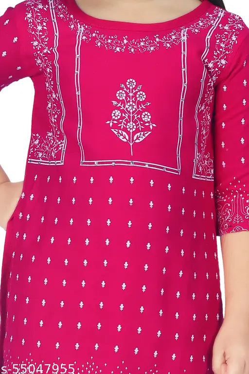 Rayon festive party kurta and trouser set for baby girls, printed top with three-quarter sleeves, rayon bottoms, India origin, perfect for gatherings, weddings, celebrations