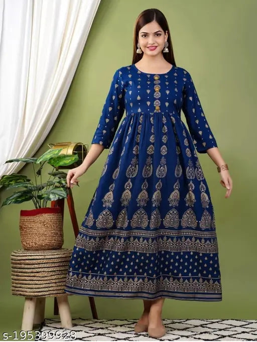 Rayon printed dress and kurta set, three-quarter sleeves, Indian fashion in sizes S-XXXL