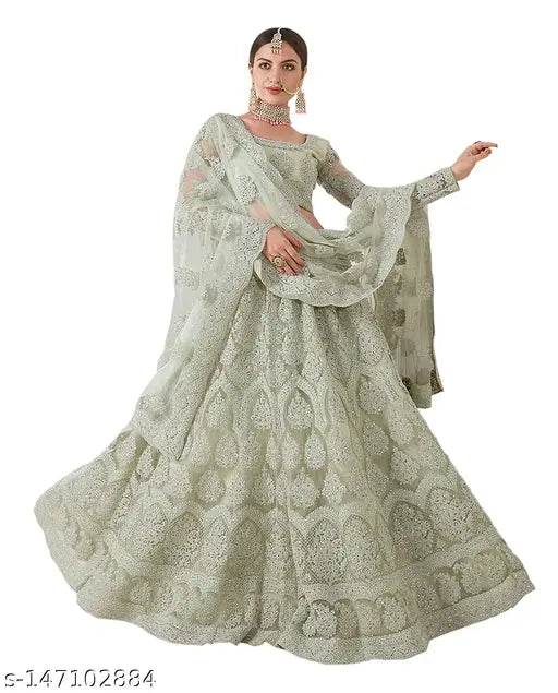 Trendy attractive net lehenga-choli set for women, embroidered with net dupatta, festive wear, free size (42in waist, 42in length), origin India