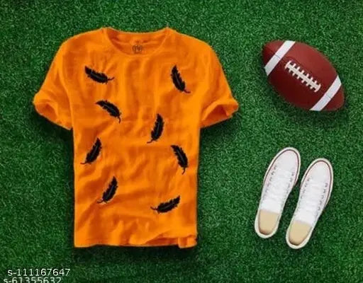 Men's cotton blend leaf print t-shirt in mustard, short sleeves with round neck design, regular fit for casual everyday wear