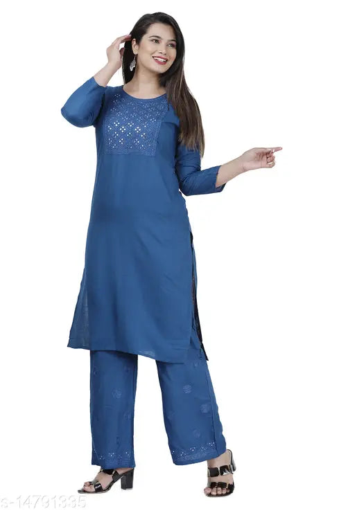 Rayon embroidered straight kurta palazzo set, printed net with three-quarter sleeves. Indian fusion clothing for women, single size M-XXL