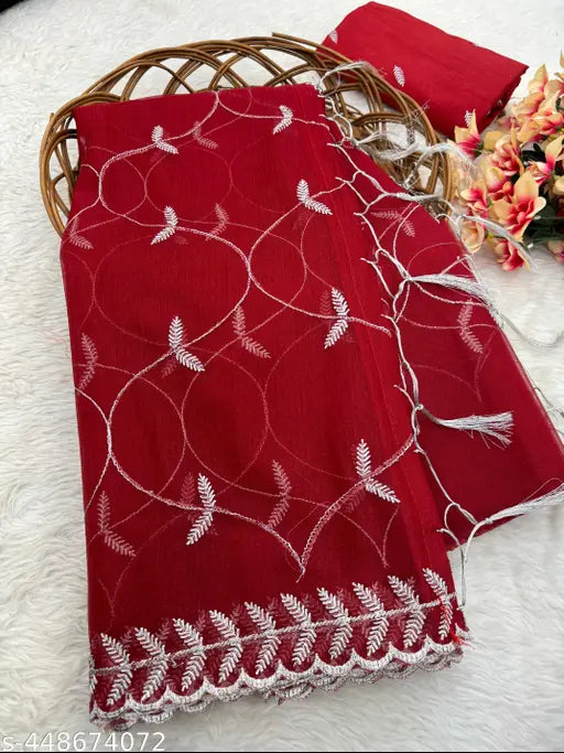 Attractive super net embroidery silver zari work saree with separate blouse in banglory silk, embellished cutwork border on pallu and tussles. Indian-made, 5.4m saree length, 0.8m blouse length