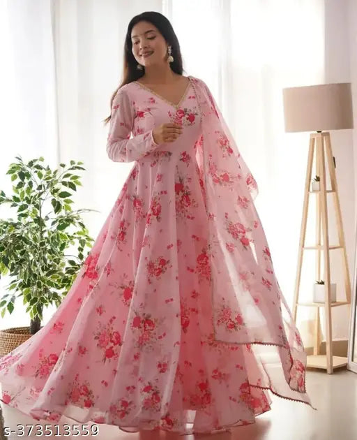 Stylish fancy printed Georgette maxi gown with dupatta, floral print on a simple casual dress