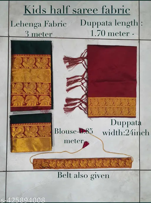 New traditional kids' unstitched half saree in litchi silk, featuring woven designs with short sleeves. Unstitched lehenga and choli, dupatta, tussles, and belt included. Handcrafted in India