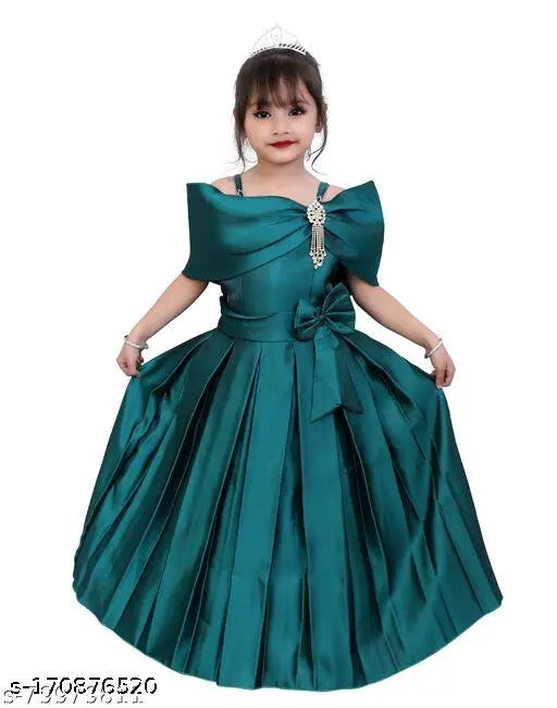 Stylish green solid Western design party dress for girls, sleeveless silk blend, latest trending kids ethnic gowns