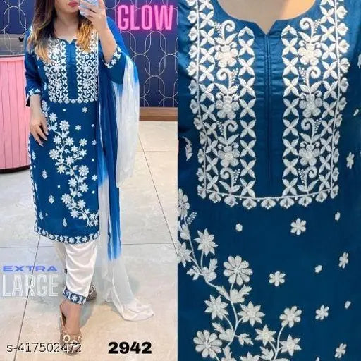 Rayon embroidered kurta pant set with dupatta, printed chikankari work on Indian display