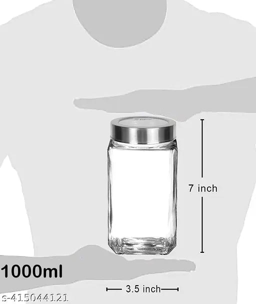 Transparent 1000ml Glass Cube Jar with Silver Lid - Ideal for Pickles, Dry Fruits, Masala, Grains, Kitchen Storage (Pack of 6)