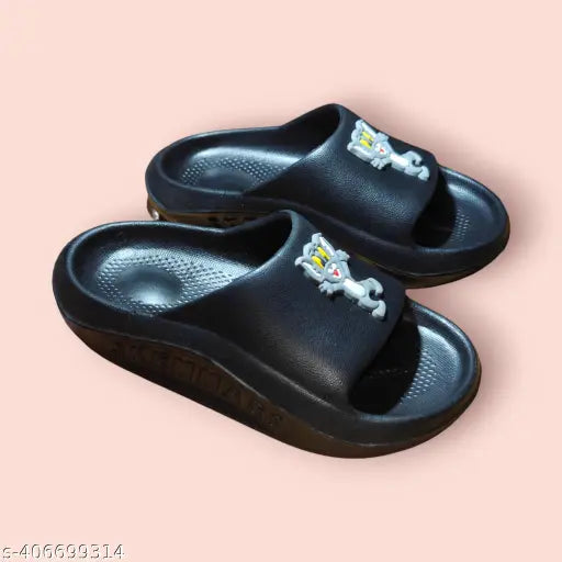 Black Pu soled kids flip flops featuring cartoon character patterns, ideal for daily wear and healthy foot development (age: 2-4 years, country of origin: India)