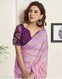Elegant Bollywood-inspired pink, green, beige, lavender chiffon saree with embroidered net blouse, perfect for parties and formal events
