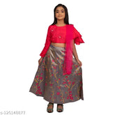 Embellished Georgette Ghagra Lehenga in botanical stitch, short sleeves for kids (2-7 years), Indian traditional wear