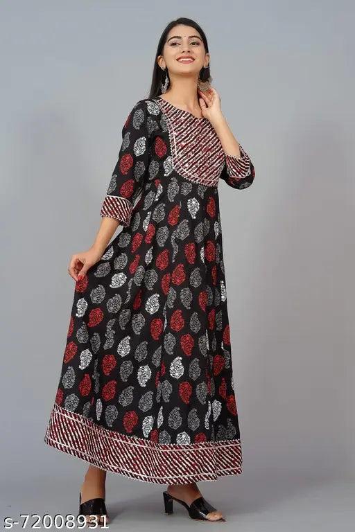 Rayon embroidery black long gown for women, three-quarter sleeves, printed combo, M (bust 38in, length 50in), L (bust 40in, length 50in). Ankle-length top in attractive black color, suitable for casual occasions. Indian handicraft