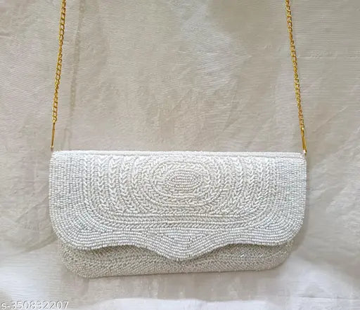 White gold-embroidered beaded sling bag, 2 compartments, free size (9in x 6in), handmade in India