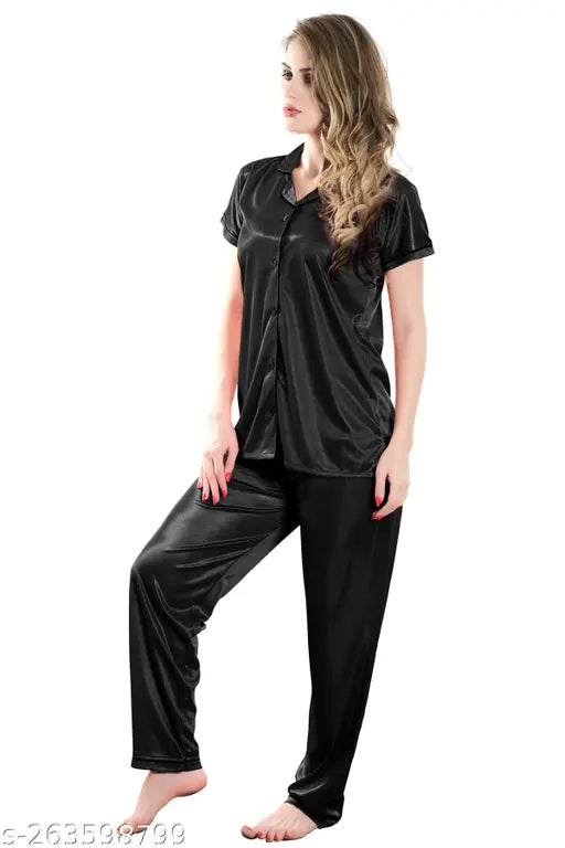 Silky satin pajama set for women, soft and breathable sleepwear, perfect for bridal, holidays, or family fun