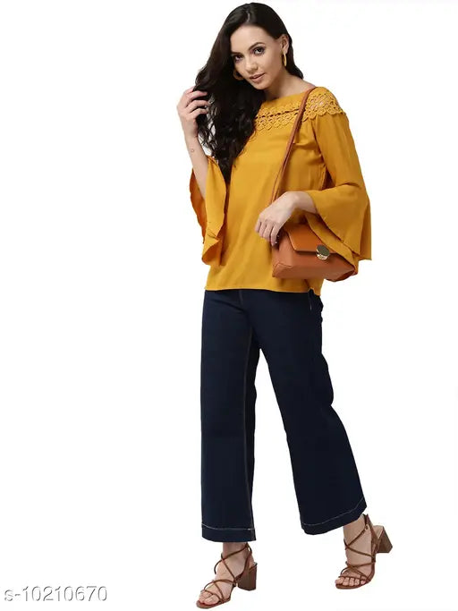 Mustard yellow viscose rayon solid top, three-quarter sleeves, women's fashion accessory from Style Quotient