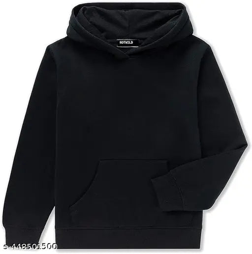 Black cotton pullover hoodie with kangaroo pocket for kids, sizes range from 2-3 years to 7-8 years, made in India