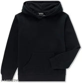 Black cotton pullover hoodie with kangaroo pocket for kids, sizes range from 2-3 years to 7-8 years, made in India