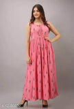 Demirner pink printed rayon Anarkali, sleeveless maxi dress for women, single size colors indicated in product title (S, M, L, XXL)