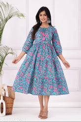 Cotton floral printed Anarkali kurta, three-quarter sleeves, single color Indian fashion on mannequin