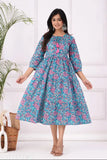 Cotton floral printed Anarkali Kurta, three-quarter sleeves, vibrant Indian women's fashion wear