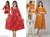 Orange rayon anarkali outfit in combo, Indian handloom fashion