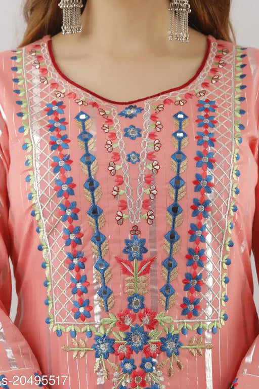 Pink cotton blend kurta with pant set, embroidered yurex design, calf length, three-quarter sleeves - Indian traditional women's fashion