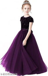 Purple sequin net girls dress, embroidered, short sleeves, dry clean only. Beautiful on 3-16 year olds, India