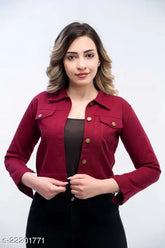 Denim ethnic jackets for women by S.A.F Creation - trendy, long-sleeved solid design in various sizes (S: 36/20/15/34, M: 38/20/16/36, L: 40/20/16/38, XL: 42/20/17/40)