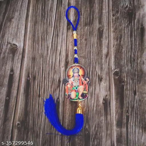 Blue tassel Hanuman mirror, wooden car decor ornament for good luck and gifting