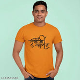 Multicolor printed polyester t-shirt featuring Chhatrapati Veer Shivaji Maharaj design, trending Indian men's apparel on hanger