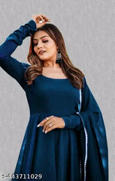 Blue Georgette long-sleeved formal gown, size options available for S, M, L, XL, XXL