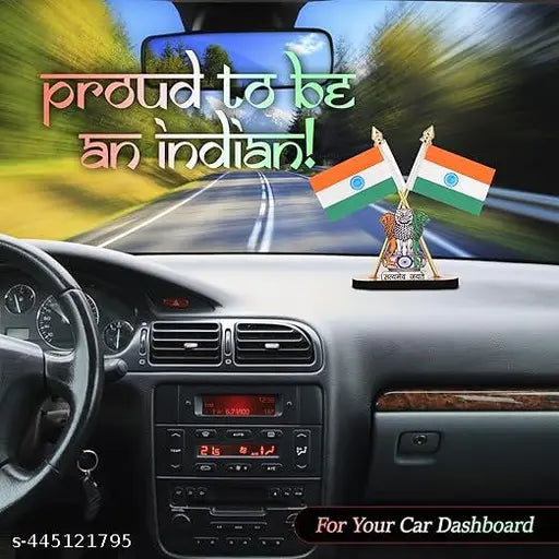 Indian flag stand, cross design, plastic-plated auto showpiece. Ideal for car dashboard or office table." (107 characters)