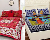 100% cotton double bed sheet combo, includes 2 bedsheets & 4 pillowcases (90x100), Jaipuri pattern, regular quality, ideal for adults in summer seasons