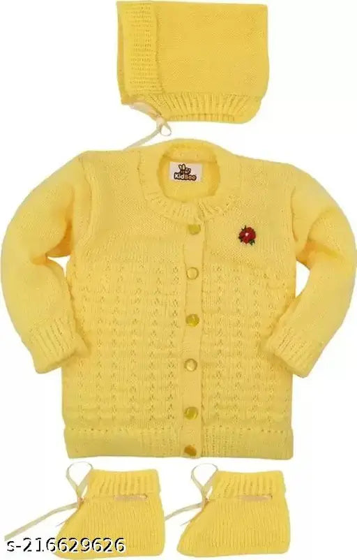 Soft yellow knitted sweater set & booties for baby boys/girls (100% soft Vardhman wool), self-design net pattern