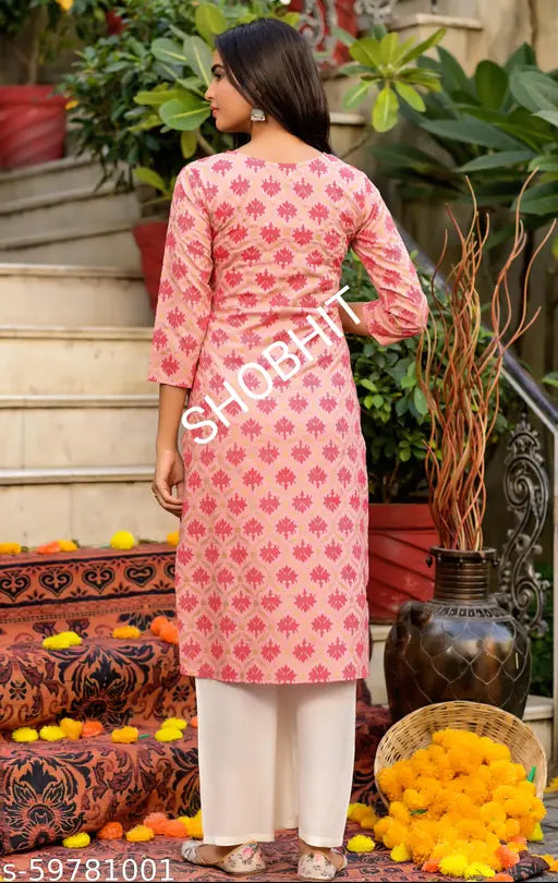 Attractive pink rayon kurta sets with palazzos, three-quarter sleeves, gold print pattern - India made